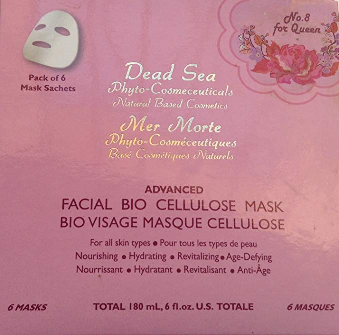 Dead Sea Natural Based Cosmetics Facial Bio Cellulose Mask for all skin types (Nourishing * Hydrating * Revitalizing * Age-Defying),180 ml, 6 fl.oz., Pack of 6 Mask Sachets, Made in Israel
