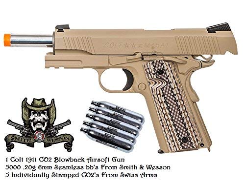 Colt 1911 CO2 Blowback Airsoft Gun Pistol with 5000 S&W .20g 6mm bb's and 5 CO2's