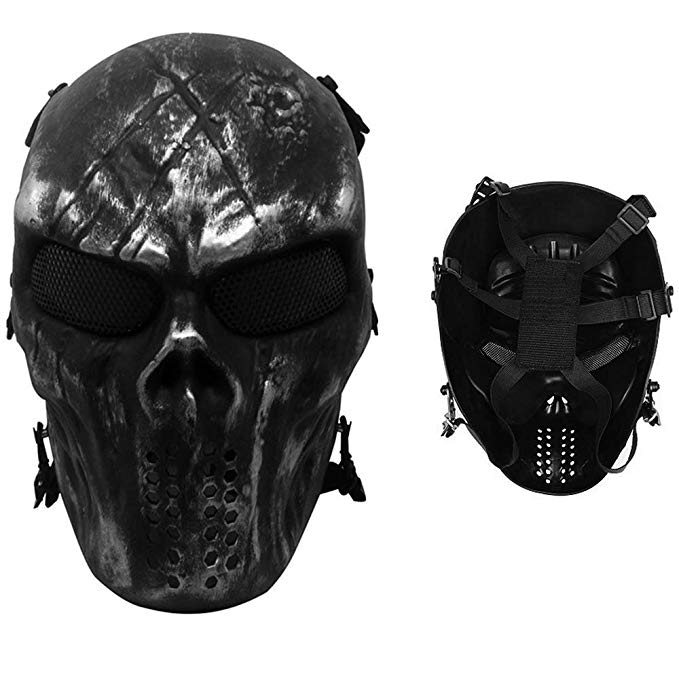 Snoblass Skull Airsoft Masks Full Face, Paintball Airsoft BB Tactical Cs War Game Outdoor Cosplay Halloween Mask Skull Skeleton Full Face Mask Anti Fog Eye Kids with Metal Mesh Eye Protection