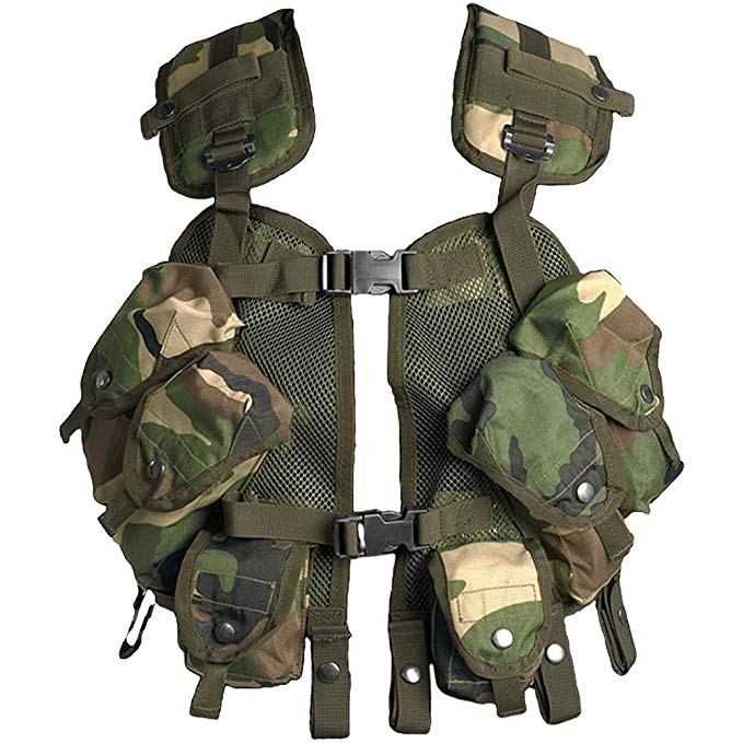 Tactical Load Bearing Vest Adjustable Airsoft Webbing Shooting Woodland Camo