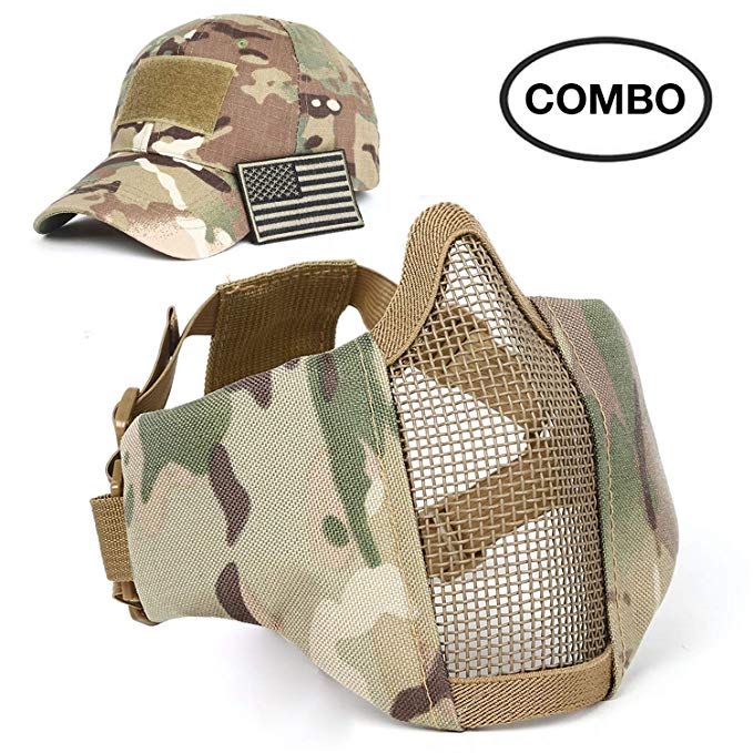 SPIKELAB Foldable Airsoft Half Face Metal Mesh Mask and Tactical Hat Set with US Flag Patch, Adjustable Military Tactical Mask and Cap for Airsoft in Multicam Color, PMC Outfit